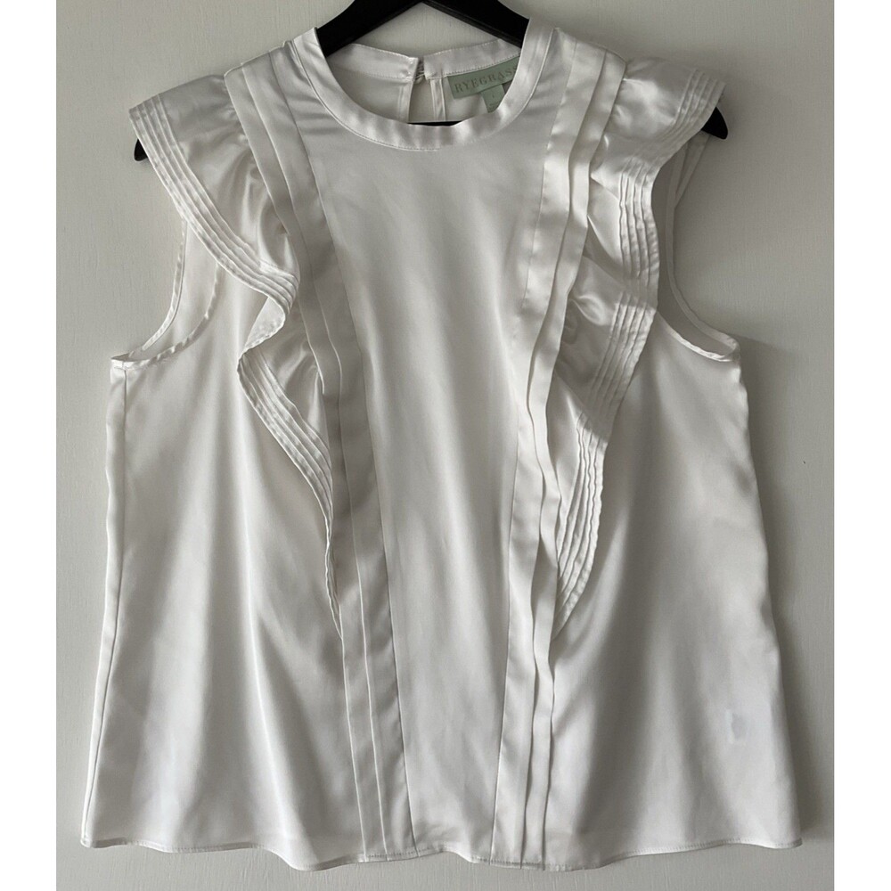 Ryegrass Sleeveless Ruffle Shoulder Blouse Size Large White Classic Dressy